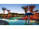 Illuminated pool and palm trees at night at 41906 W Solitare Dr, Maricopa, AZ 85138