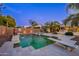 Luxury backyard pool at dusk with landscape lighting at 1912 E Gemini Pl, Chandler, AZ 85249