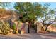 Landscaped front yard with cacti, trees, and a gated entry at 9215 E Red Lawrence Dr, Scottsdale, AZ 85262