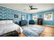 Spacious bedroom with blue accent wall, hardwood floors, and ample closet space at 88 N Country Club Dr, Phoenix, AZ 85014