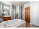 Spa-like bathroom featuring a soaking tub, shower, and wood cabinets at 4126 S Last Chance Trl, Gold Canyon, AZ 85118