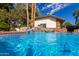 Relaxing pool view with a rock waterfall feature and palm trees at 2166 E Caroline Ln, Tempe, AZ 85284