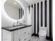 Modern bathroom with a sleek vanity and toilet, black and white theme at 8643 E San Jacinto Dr, Scottsdale, AZ 85258