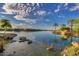 Picturesque lakefront view with calm water and lush foliage at 17917 W Amberwood Dr, Goodyear, AZ 85338