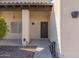 Front entry with a dark brown door and walkway leading to the home at 504 S 111Th Pl, Mesa, AZ 85208