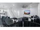 Spacious living room with black couches and a large TV at 4636 E Tierra Buena Ln, Phoenix, AZ 85032