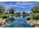 Serene lake view with mature trees and community homes in the background at 3574 E Glacier Pl, Chandler, AZ 85249