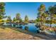 Scenic community lake with a bridge and lush landscaping at 45680 W Barbara Ln, Maricopa, AZ 85139