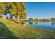 Expansive lake view with lush green grass and trees at 45680 W Barbara Ln, Maricopa, AZ 85139