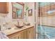 Bathroom with copper sink and patterned shower curtain at 2650 W Union Hills Dr # 184, Phoenix, AZ 85027