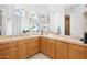 Bright bathroom with double sinks, stained glass windows, and a corner vanity at 23461 N 80Th Way, Scottsdale, AZ 85255