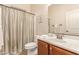 Neat bathroom with a shower/tub combo and updated vanity at 6202 E Mckellips Rd # 141, Mesa, AZ 85215