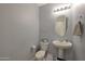 Clean and modern bathroom with pedestal sink and toilet at 22446 E Russet Rd, Queen Creek, AZ 85142