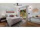Serene bedroom with sliding door access to backyard, hardwood floors and modern decor at 8701 E Highland Ave, Scottsdale, AZ 85251