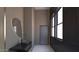 Modern bathroom with floating vanity, unique mirror, and large windows at 46 W Palm Ln, Phoenix, AZ 85003