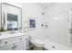 Clean bathroom with white vanity, shower, and toilet at 1026 N 85Th Pl, Scottsdale, AZ 85257
