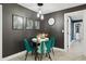Small dining area with dark walls and teal chairs at 2401 N 37Th St, Phoenix, AZ 85008