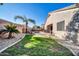 Landscaped backyard with a refreshing pool, lush grass, and a charming patio area at 7407 W Tether Trl, Peoria, AZ 85383