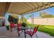 Covered patio with red chairs, table, and view of backyard at 10412 W Audrey Dr, Sun City, AZ 85351