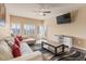 Living room features L-shaped sofa, TV, and plantation shutters at 5350 E Deer Valley Dr # 3418, Phoenix, AZ 85054