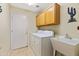 Laundry room with washer, dryer, cabinets, and utility sink at 4113 W Bart Dr, Chandler, AZ 85226
