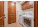 Convenient laundry room with washer, dryer, and built-in cabinets at 10575 E Rising Sun Dr, Scottsdale, AZ 85262
