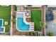 Top-down view of backyard with pool, fire pit, and trampoline at 22918 E Marsh Rd, Queen Creek, AZ 85142