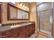 Bathroom with double sinks, granite countertop and a walk-in shower at 24686 N 120Th Pl, Scottsdale, AZ 85255