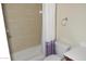 Clean bathroom with tub shower and white curtain at 3434 W Danbury Dr # A204, Phoenix, AZ 85053