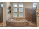 Bathroom with soaking tub and walk-in shower, featuring glass block windows at 10542 E Skinner Dr, Scottsdale, AZ 85262