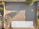 Aerial view of backyard with large, flat area and detached shed at 7817 W Wethersfield Rd, Peoria, AZ 85381