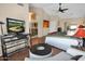 Main bedroom with vaulted ceilings, wood flooring, sitting area, and a golf course view at 4208 E Tether Trl, Phoenix, AZ 85050