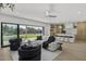 Living room with large sliding glass doors showcasing the pool and backyard at 18841 N 94Th Way, Scottsdale, AZ 85255