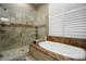 Modern bathroom with walk-in shower, separate tub, and tile surround at 9936 E Winter Sun Dr, Scottsdale, AZ 85262