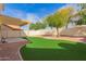 Backyard with covered patio, green turf lawn, and desert landscaping at 13635 N 103Rd Way, Scottsdale, AZ 85260