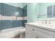 Updated bathroom with subway tile shower and quartz vanity at 44344 W Knauss Dr, Maricopa, AZ 85138