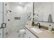 Modern bathroom with hexagon tile shower and floating vanity at 10835 N Cherry Hills Ct, Fountain Hills, AZ 85268