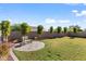 Landscaped backyard with grassy area, stone patio, and trees at 17221 N Thornberry Dr, Surprise, AZ 85374