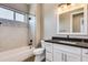 Bathroom features a shower/tub combo, modern vanity, and gray tile at 29910 N Baker Ct, Scottsdale, AZ 85262