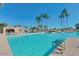 Inviting community pool with palm trees and lounge chairs at 9521 E Rocky Lake Dr, Sun Lakes, AZ 85248