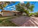 Large backyard with grass, gravel, and a brick pathway at 575 Leisure World --, Mesa, AZ 85206