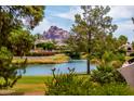 Peaceful lake view with lush landscaping and mountain backdrop at 94 Biltmore Est, Phoenix, AZ 85016