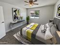 Bright bedroom with grey carpet, ceiling fan, and modern decor at 3511 E Baseline Rd # 1031, Phoenix, AZ 85042