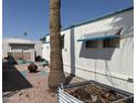 Backyard of mobile home with gravel, a fire pit, and a palm tree at 2460 E Main St # G3, Mesa, AZ 85213
