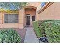 Front entrance of a tan house with a security door and nicely landscaped walkway at 1731 W Cathedral Rock Dr, Phoenix, AZ 85045