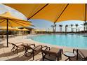 Community pool with yellow umbrellas and lounge chairs at 7691 W Cactus Wren Way, Florence, AZ 85132