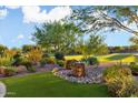 Landscaped yard with fountain, artificial turf, and mature trees at 20480 N 272Nd Ave, Buckeye, AZ 85396