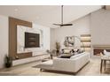 Spacious living room features a marble accent wall, fireplace, and comfortable seating at 2136 E Paradise Ln, Phoenix, AZ 85022