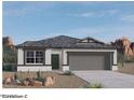 New single story home with a two-car garage and desert landscaping at 1471 S 239Th Dr, Buckeye, AZ 85326