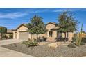 Tan three-car garage stucco home with mature trees and desert landscaping at 27046 W Yukon Dr, Buckeye, AZ 85396